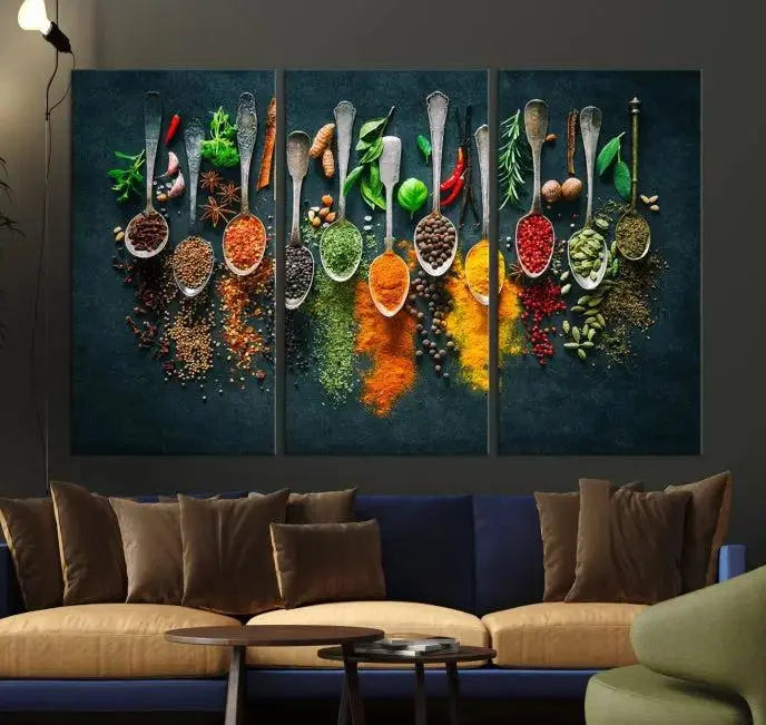 The Herbs and Spices Kitchen Wall Art Canvas Print beautifully adorns a modern living room. Made on museum-quality canvas with a UV-protective coating, this ready-to-hang piece enhances any space with its vivid charm.