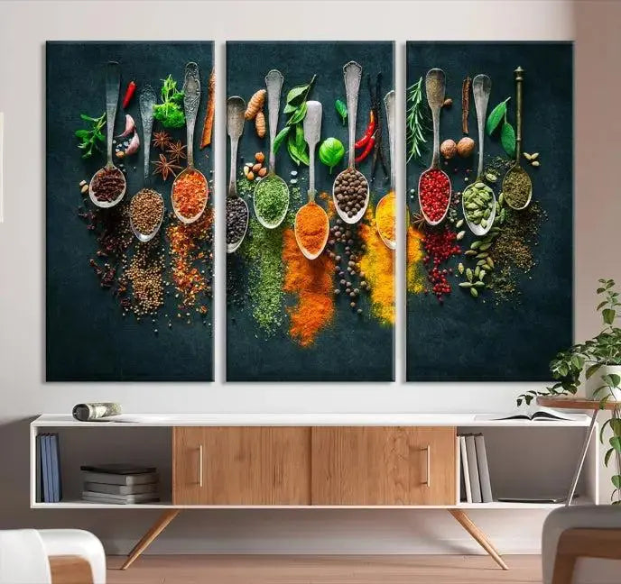 The Herbs and Spices Kitchen Wall Art Canvas Print beautifully adorns a modern living room. Made on museum-quality canvas with a UV-protective coating, this ready-to-hang piece enhances any space with its vivid charm.