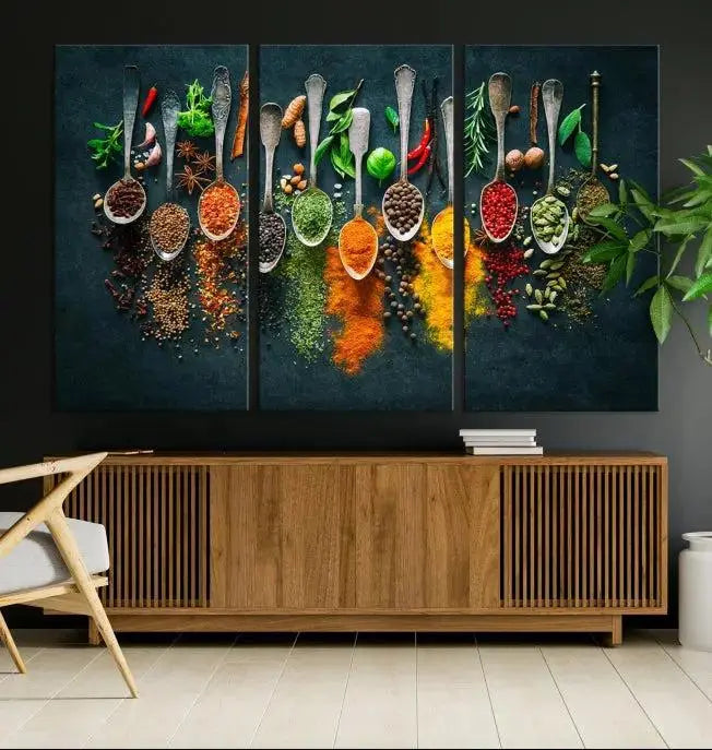 The Herbs and Spices Kitchen Wall Art Canvas Print beautifully adorns a modern living room. Made on museum-quality canvas with a UV-protective coating, this ready-to-hang piece enhances any space with its vivid charm.