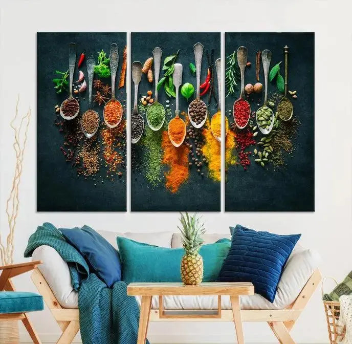 The Herbs and Spices Kitchen Wall Art Canvas Print beautifully adorns a modern living room. Made on museum-quality canvas with a UV-protective coating, this ready-to-hang piece enhances any space with its vivid charm.