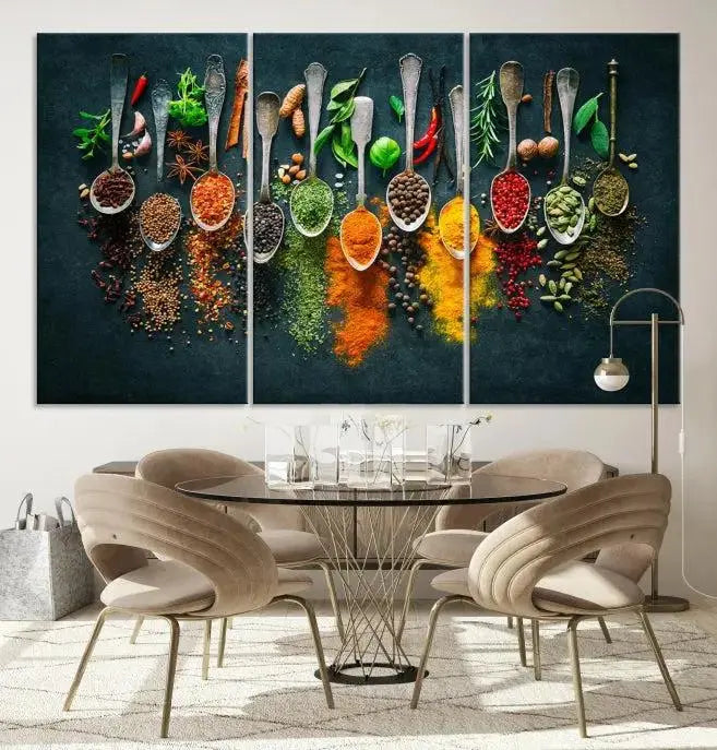 The Herbs and Spices Kitchen Wall Art Canvas Print beautifully adorns a modern living room. Made on museum-quality canvas with a UV-protective coating, this ready-to-hang piece enhances any space with its vivid charm.