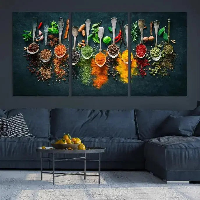 The Herbs and Spices Kitchen Wall Art Canvas Print beautifully adorns a modern living room. Made on museum-quality canvas with a UV-protective coating, this ready-to-hang piece enhances any space with its vivid charm.