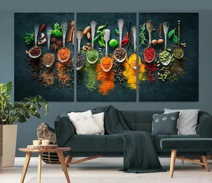 The Herbs and Spices Kitchen Wall Art Canvas Print beautifully adorns a modern living room. Made on museum-quality canvas with a UV-protective coating, this ready-to-hang piece enhances any space with its vivid charm.