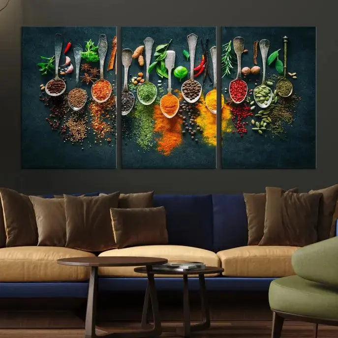 The Herbs and Spices Kitchen Wall Art Canvas Print beautifully adorns a modern living room. Made on museum-quality canvas with a UV-protective coating, this ready-to-hang piece enhances any space with its vivid charm.