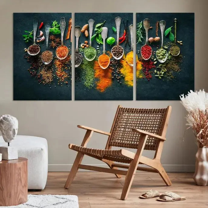 The Herbs and Spices Kitchen Wall Art Canvas Print beautifully adorns a modern living room. Made on museum-quality canvas with a UV-protective coating, this ready-to-hang piece enhances any space with its vivid charm.