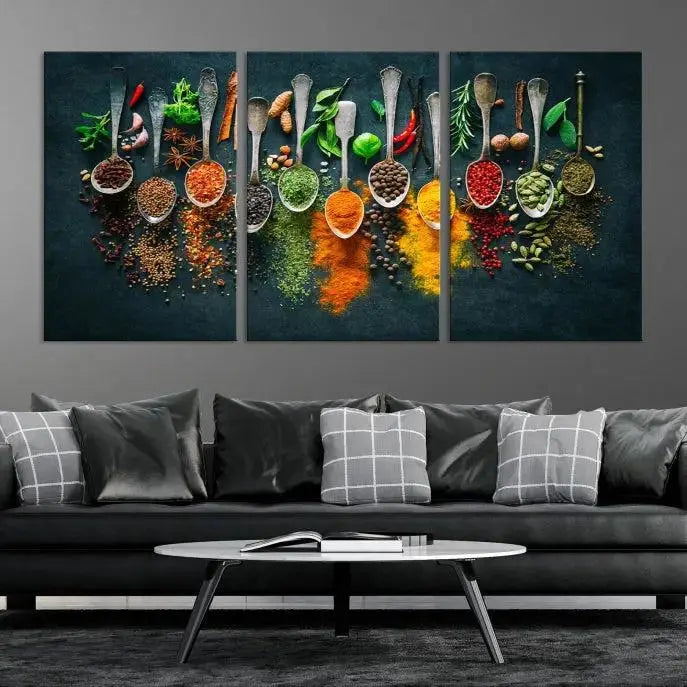 The Herbs and Spices Kitchen Wall Art Canvas Print beautifully adorns a modern living room. Made on museum-quality canvas with a UV-protective coating, this ready-to-hang piece enhances any space with its vivid charm.