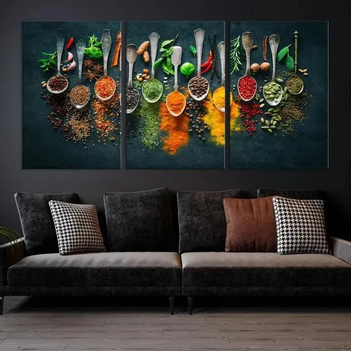 The Herbs and Spices Kitchen Wall Art Canvas Print beautifully adorns a modern living room. Made on museum-quality canvas with a UV-protective coating, this ready-to-hang piece enhances any space with its vivid charm.