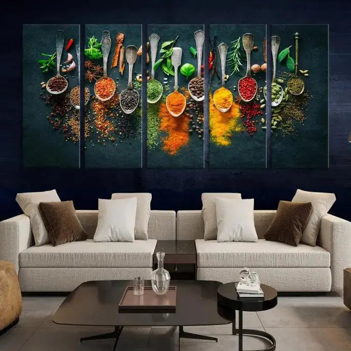 The Herbs and Spices Kitchen Wall Art Canvas Print beautifully adorns a modern living room. Made on museum-quality canvas with a UV-protective coating, this ready-to-hang piece enhances any space with its vivid charm.