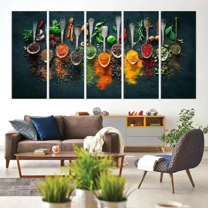 The Herbs and Spices Kitchen Wall Art Canvas Print beautifully adorns a modern living room. Made on museum-quality canvas with a UV-protective coating, this ready-to-hang piece enhances any space with its vivid charm.