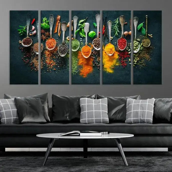 The Herbs and Spices Kitchen Wall Art Canvas Print beautifully adorns a modern living room. Made on museum-quality canvas with a UV-protective coating, this ready-to-hang piece enhances any space with its vivid charm.