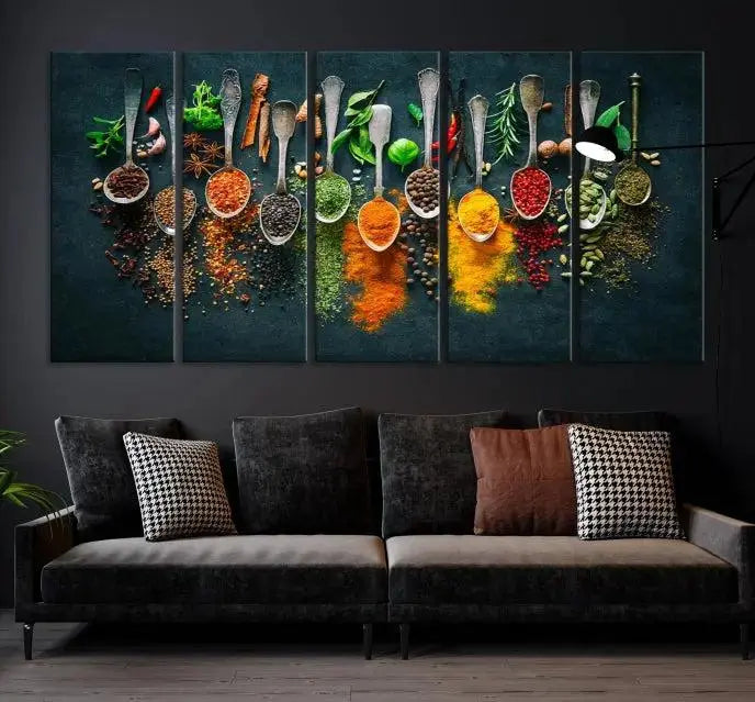 The Herbs and Spices Kitchen Wall Art Canvas Print beautifully adorns a modern living room. Made on museum-quality canvas with a UV-protective coating, this ready-to-hang piece enhances any space with its vivid charm.