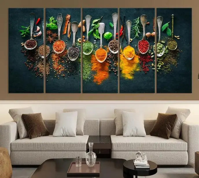 The Herbs and Spices Kitchen Wall Art Canvas Print beautifully adorns a modern living room. Made on museum-quality canvas with a UV-protective coating, this ready-to-hang piece enhances any space with its vivid charm.