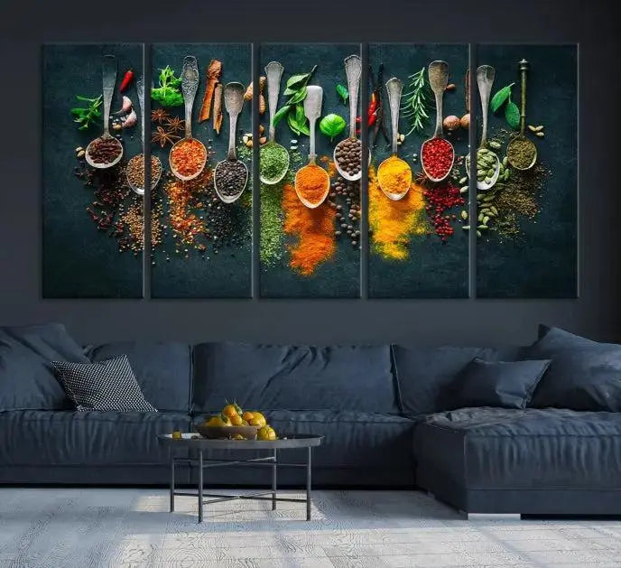 The Herbs and Spices Kitchen Wall Art Canvas Print beautifully adorns a modern living room. Made on museum-quality canvas with a UV-protective coating, this ready-to-hang piece enhances any space with its vivid charm.