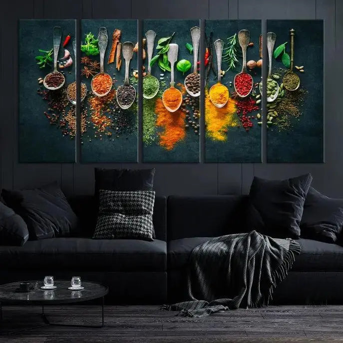 The Herbs and Spices Kitchen Wall Art Canvas Print beautifully adorns a modern living room. Made on museum-quality canvas with a UV-protective coating, this ready-to-hang piece enhances any space with its vivid charm.