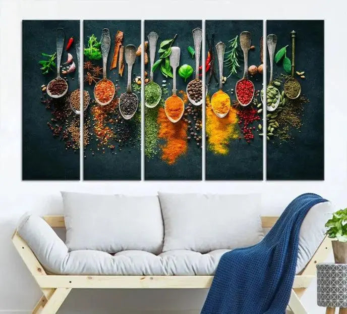 The Herbs and Spices Kitchen Wall Art Canvas Print beautifully adorns a modern living room. Made on museum-quality canvas with a UV-protective coating, this ready-to-hang piece enhances any space with its vivid charm.