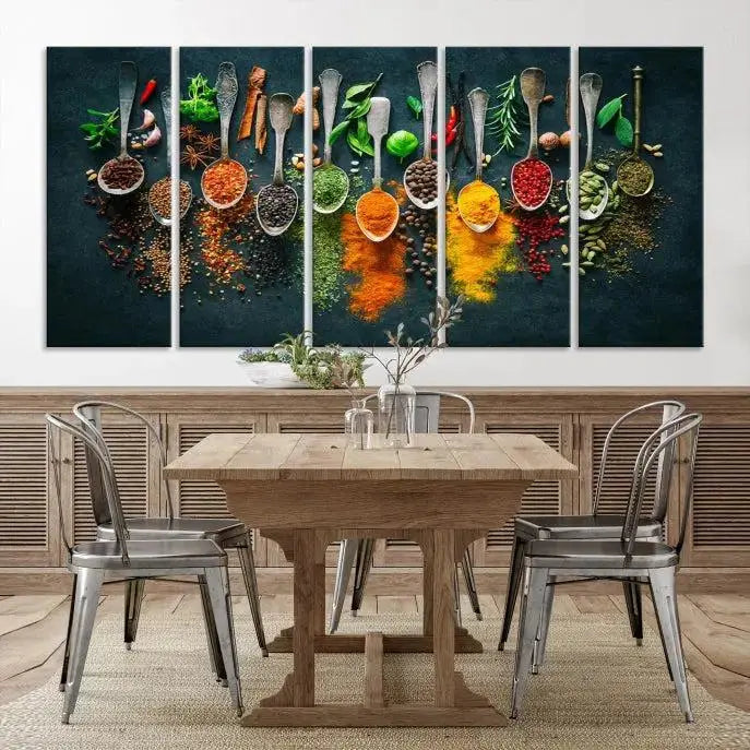 The Herbs and Spices Kitchen Wall Art Canvas Print beautifully adorns a modern living room. Made on museum-quality canvas with a UV-protective coating, this ready-to-hang piece enhances any space with its vivid charm.