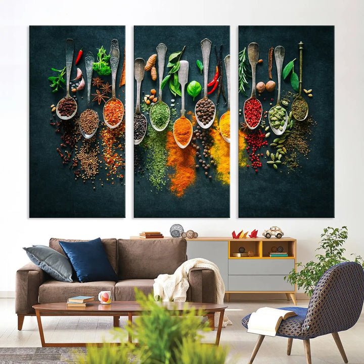 The wall art is a premium canvas print of herbs and spices.