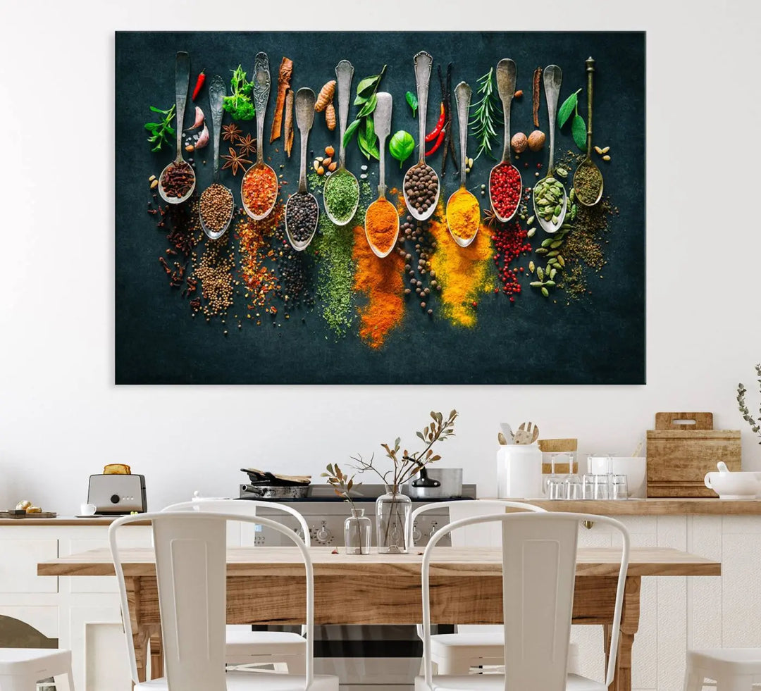 The wall art is a premium canvas print of herbs and spices.