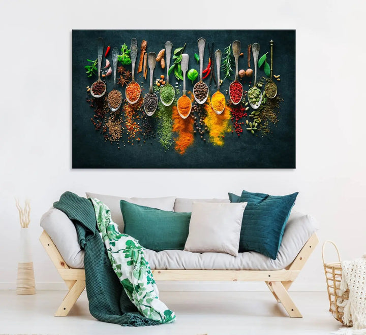 The wall art is a premium canvas print of herbs and spices.