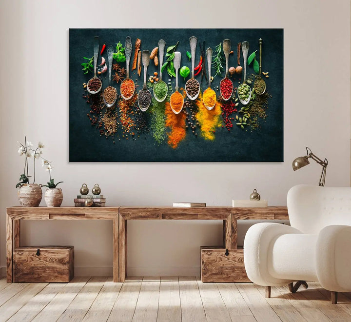 The wall art is a premium canvas print of herbs and spices.