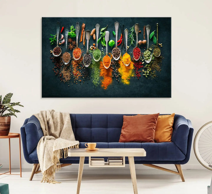 The wall art is a premium canvas print of herbs and spices.