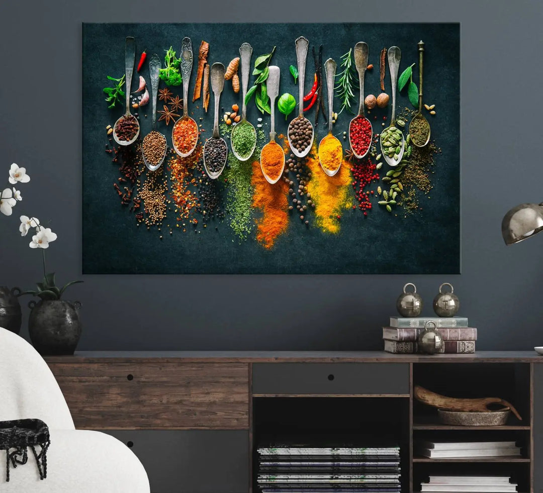 The wall art is a premium canvas print of herbs and spices.