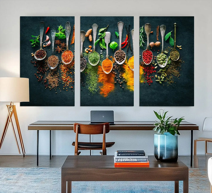 The wall art is a premium canvas print of herbs and spices.