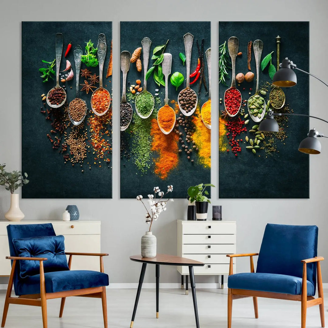 The wall art is a premium canvas print of herbs and spices.