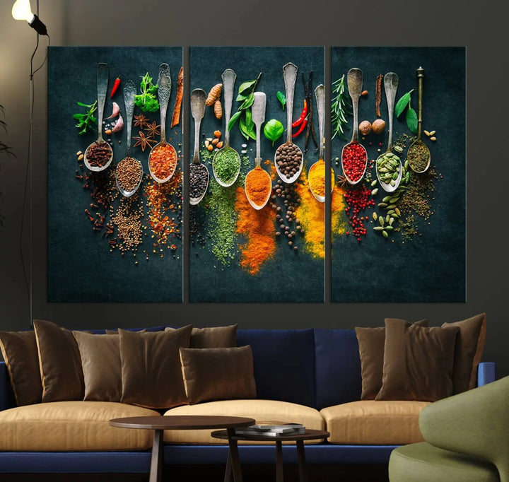 The wall art is a premium canvas print of herbs and spices.