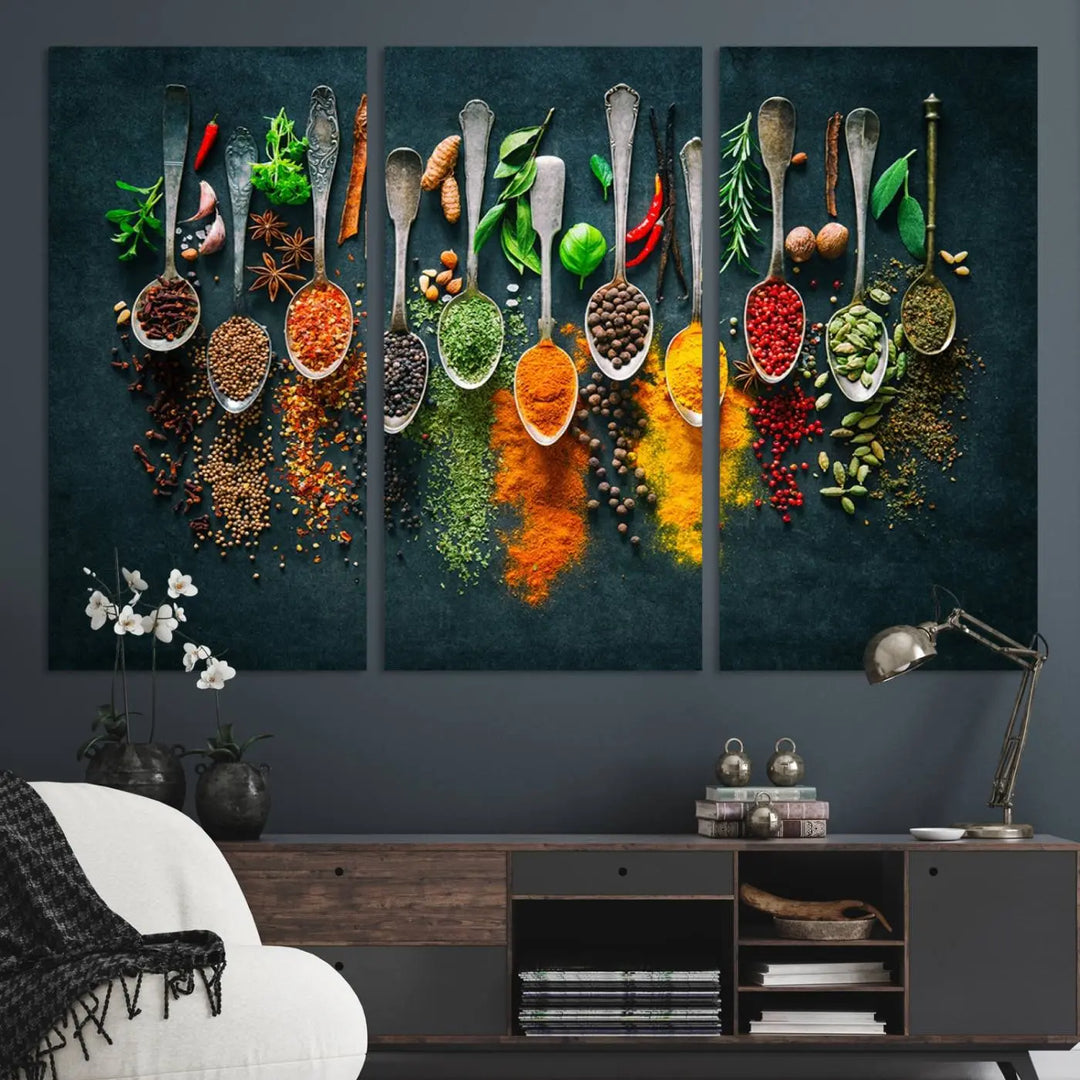 The wall art is a premium canvas print of herbs and spices.