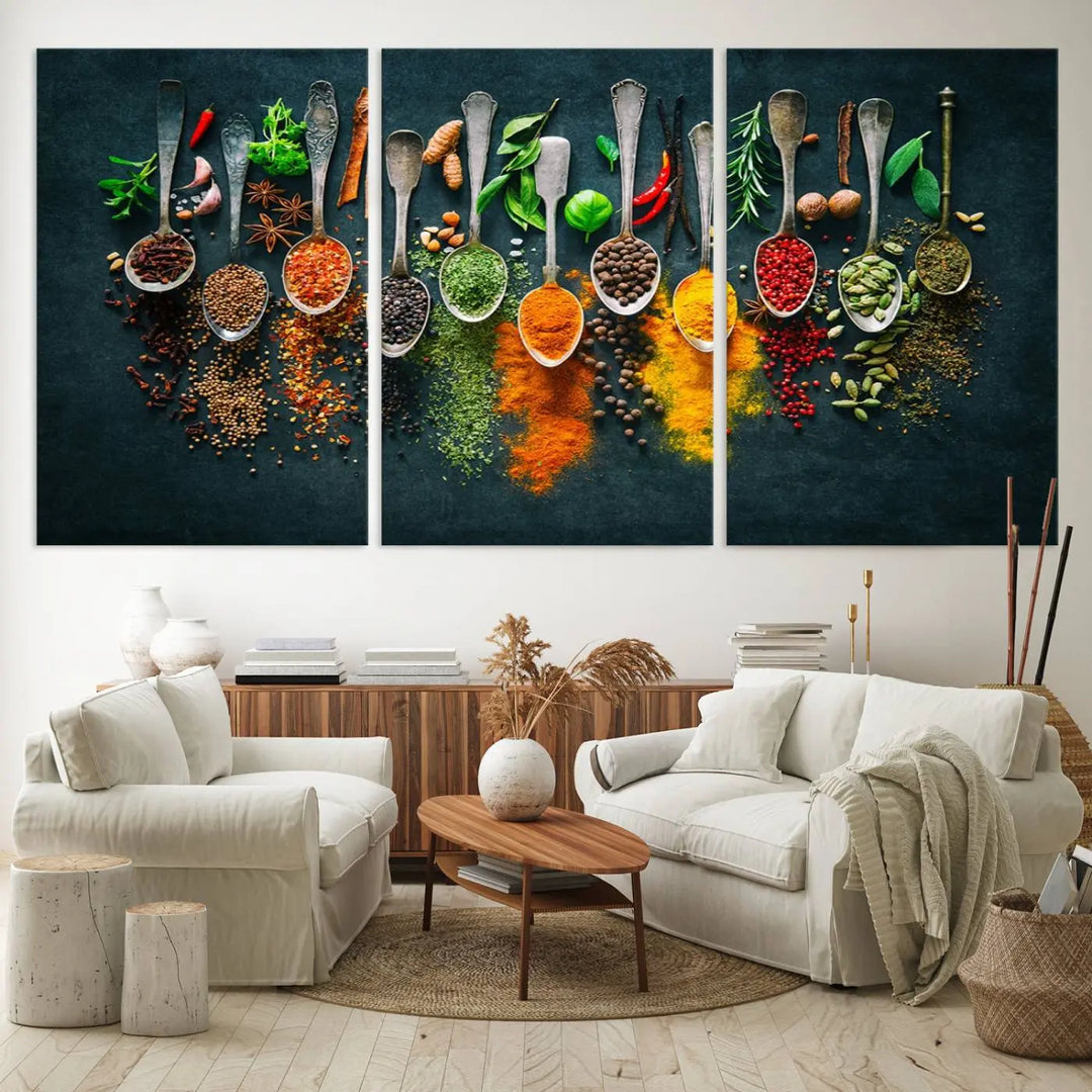 The wall art is a premium canvas print of herbs and spices.