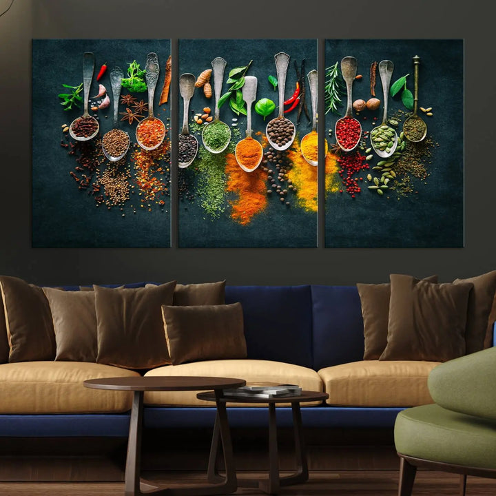 The wall art is a premium canvas print of herbs and spices.