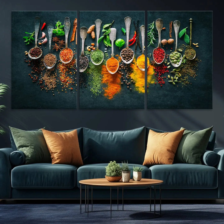 The wall art is a premium canvas print of herbs and spices.