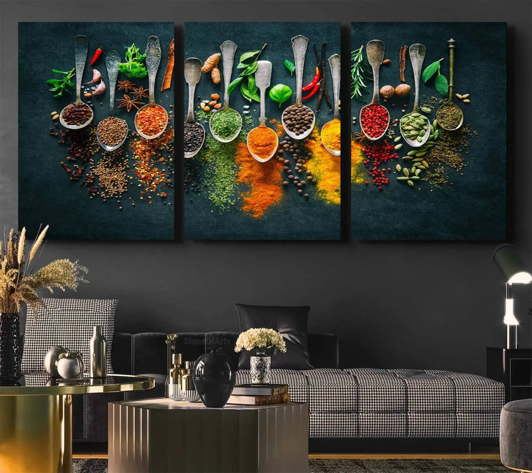 The wall art is a premium canvas print of herbs and spices.