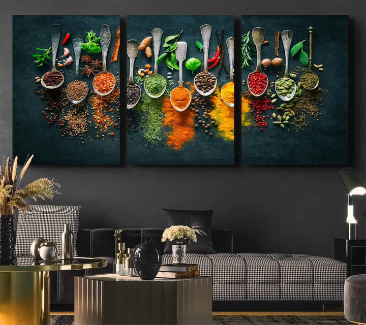 The wall art is a premium canvas print of herbs and spices.