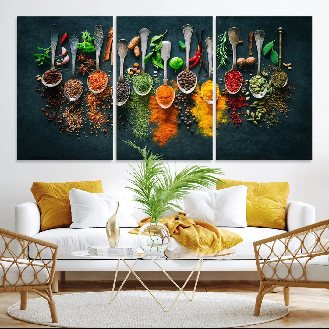 The wall art is a premium canvas print of herbs and spices.