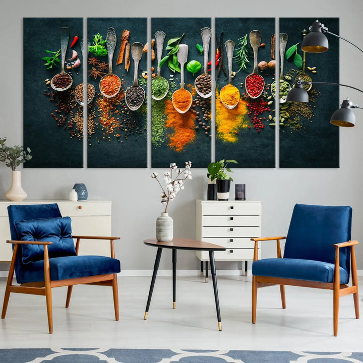 The wall art is a premium canvas print of herbs and spices.