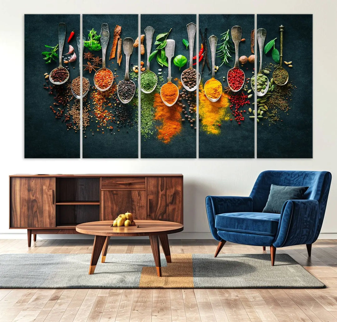 The wall art is a premium canvas print of herbs and spices.