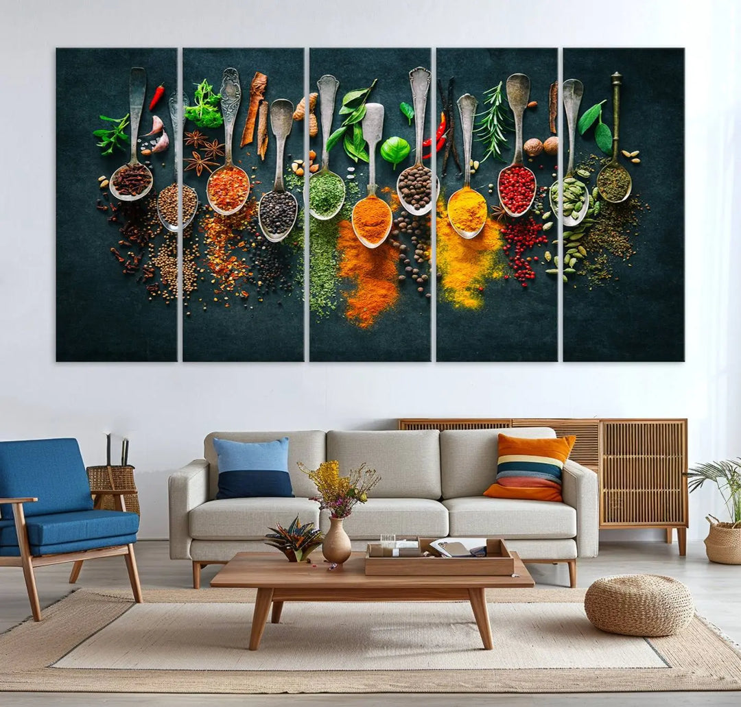 The wall art is a premium canvas print of herbs and spices.