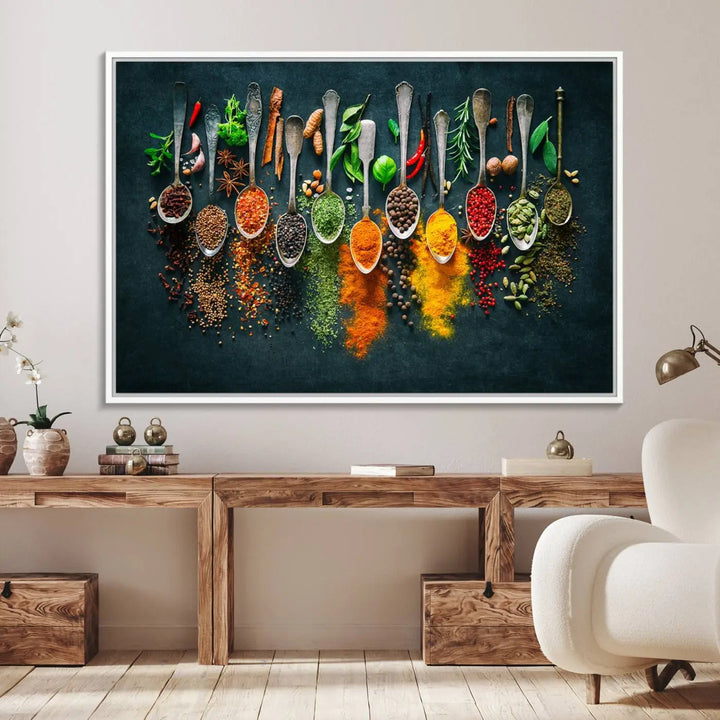 The wall art is a premium canvas print of herbs and spices.