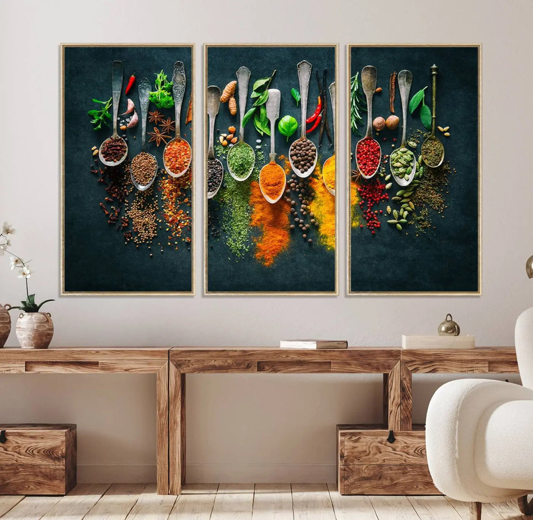 The wall art is a premium canvas print of herbs and spices.