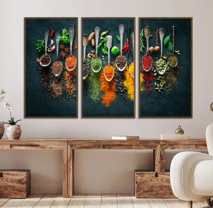 The wall art is a premium canvas print of herbs and spices.