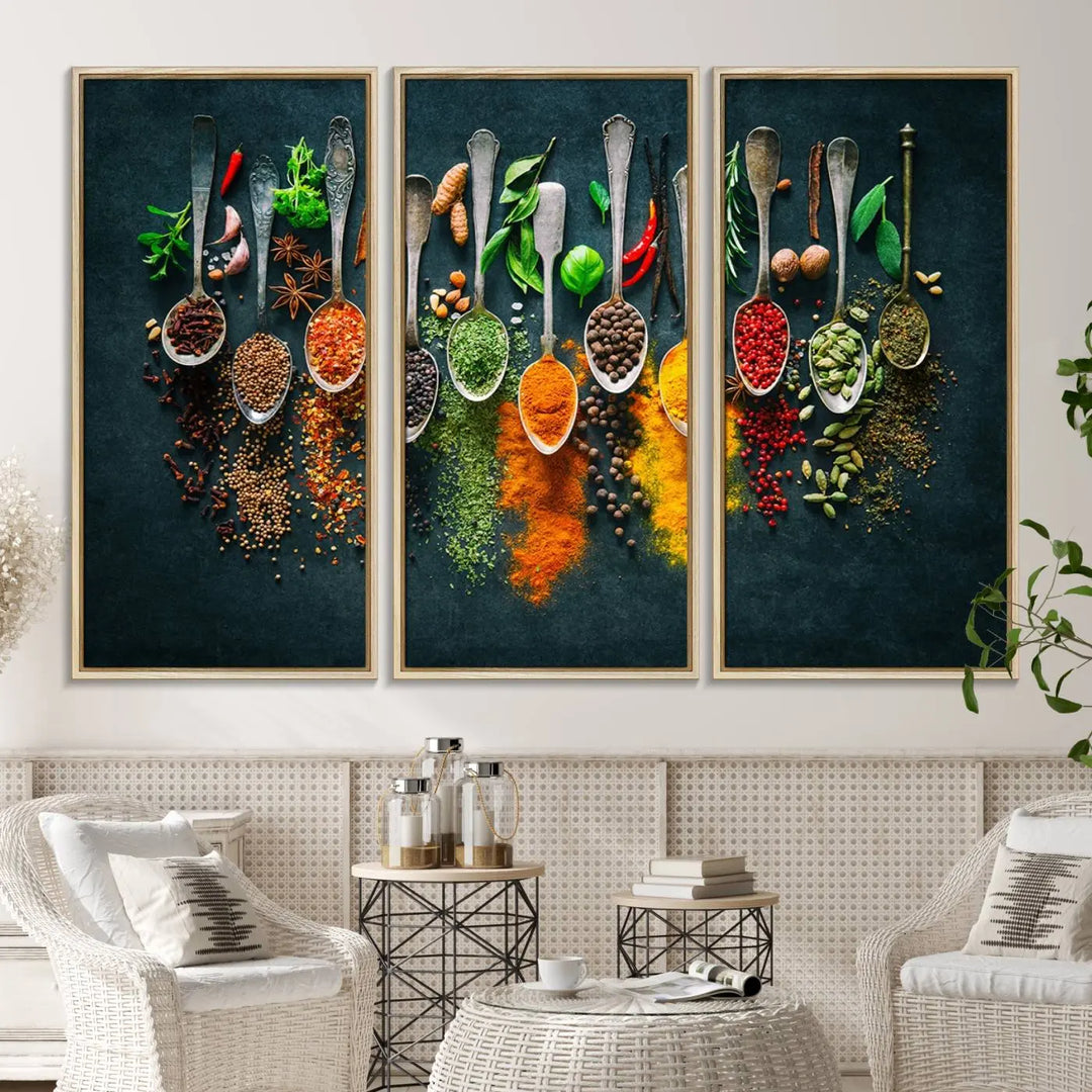 The wall art is a premium canvas print of herbs and spices.