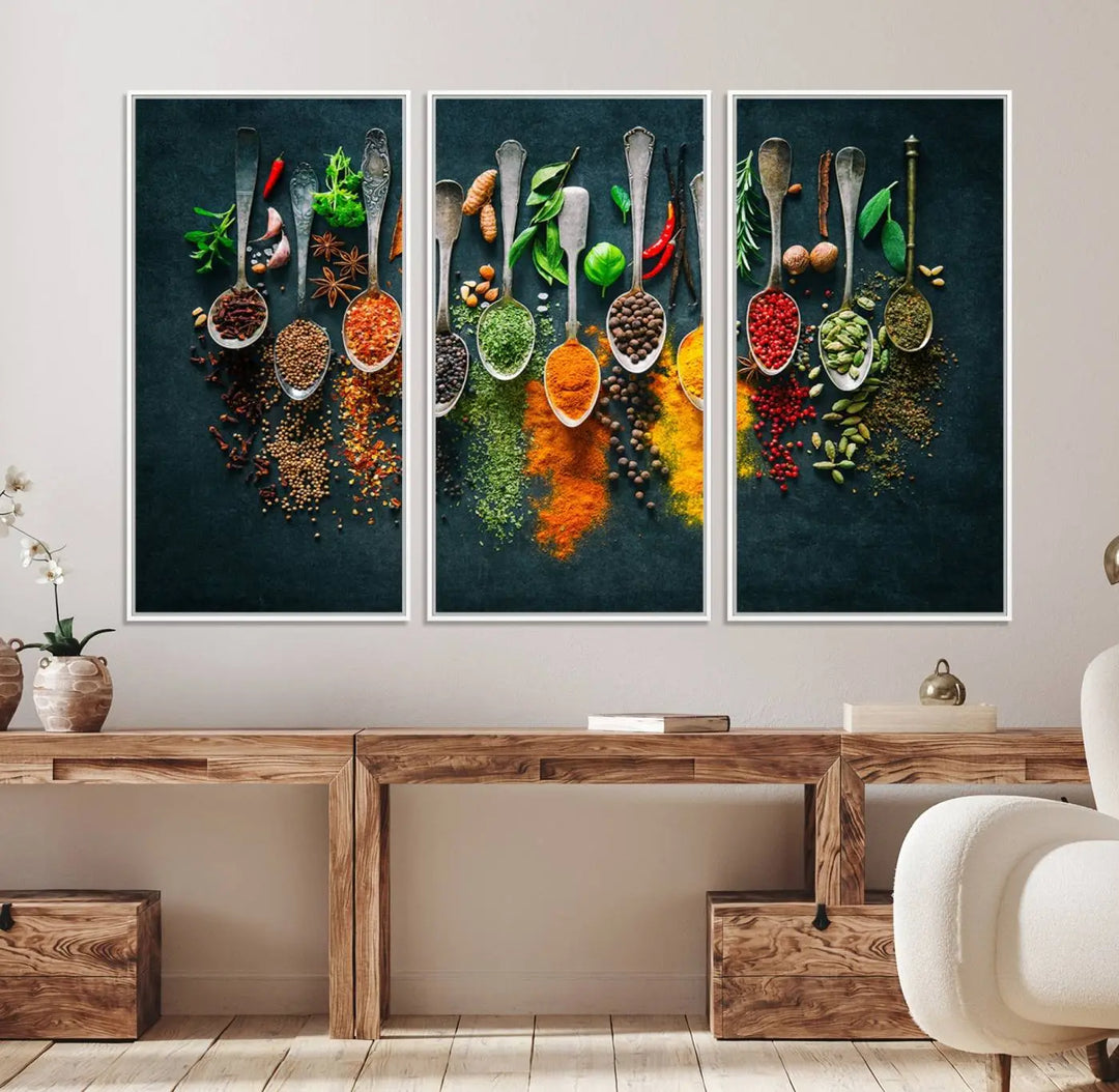 The wall art is a premium canvas print of herbs and spices.