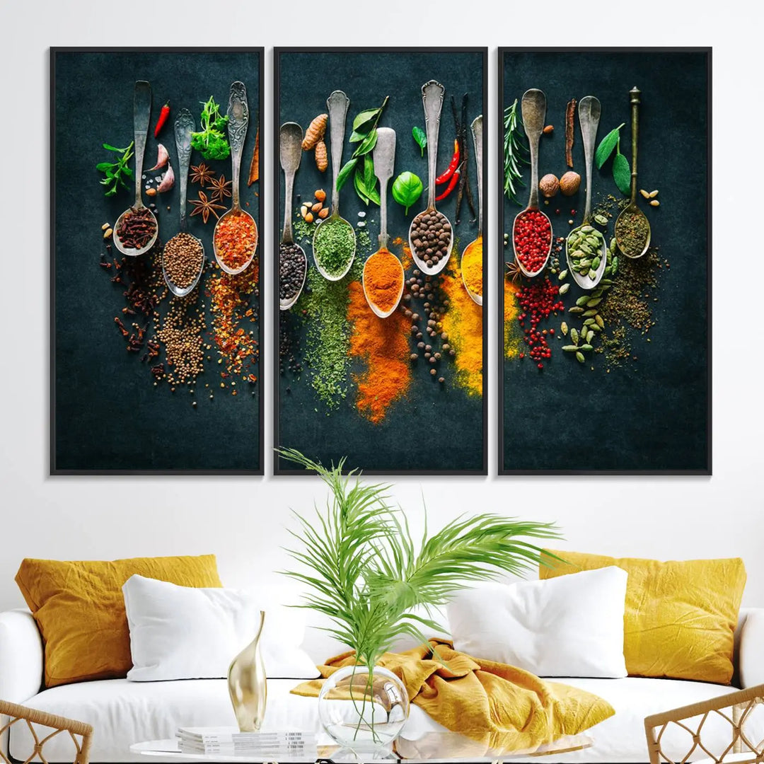 The wall art is a premium canvas print of herbs and spices.