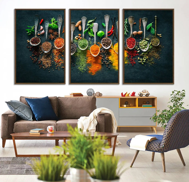 The wall art is a premium canvas print of herbs and spices.