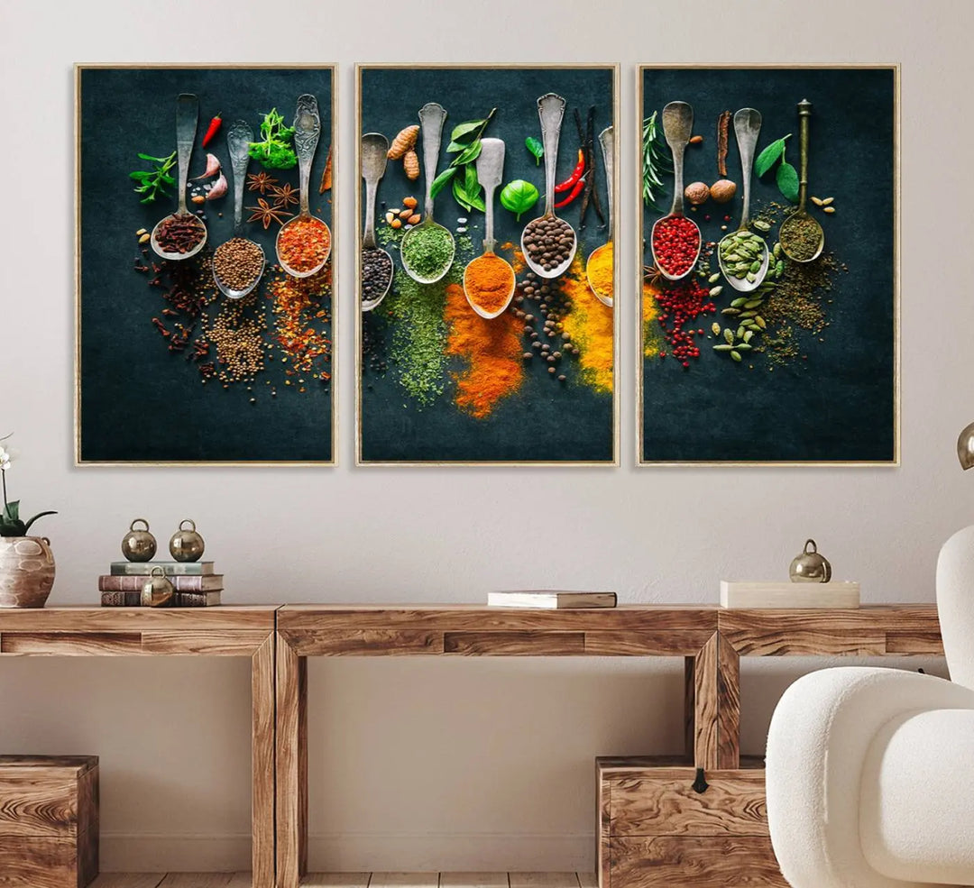 The wall art is a premium canvas print of herbs and spices.