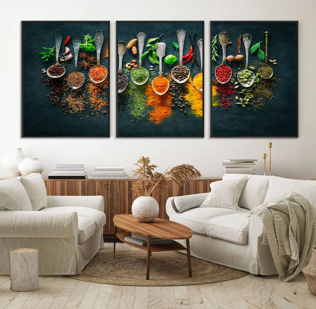 The wall art is a premium canvas print of herbs and spices.