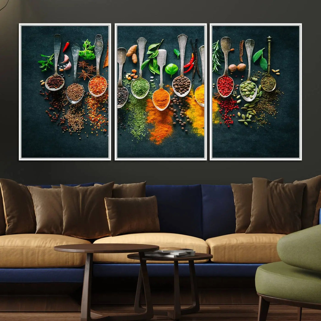 The wall art is a premium canvas print of herbs and spices.