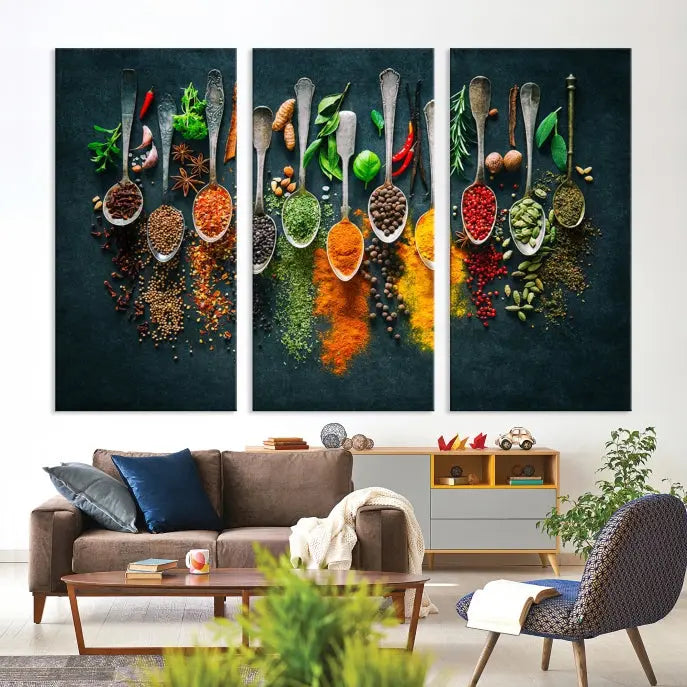 The Herbs and Spices Kitchen Wall Art Canvas Print beautifully adorns a modern living room. Made on museum-quality canvas with a UV-protective coating, this ready-to-hang piece enhances any space with its vivid charm.